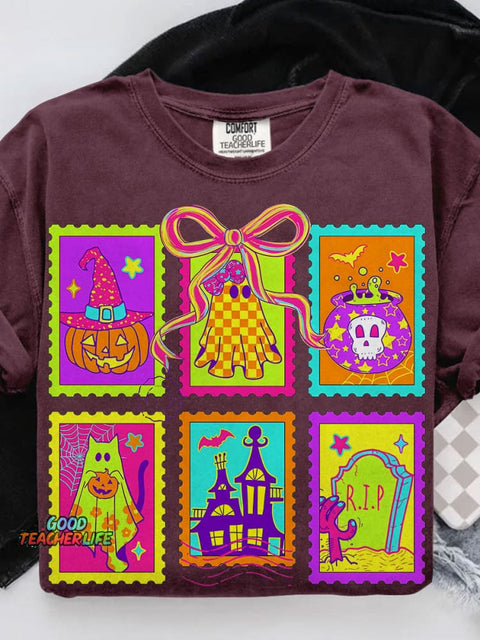 Neon Halloween Cat Ghost Casual Print T-shirt