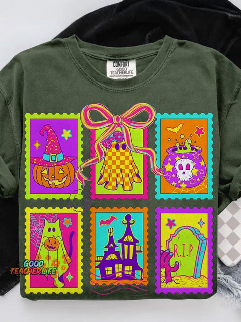 Neon Halloween Cat Ghost Casual Print T-shirt
