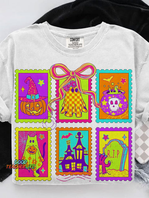 Neon Halloween Cat Ghost Casual Print T-shirt