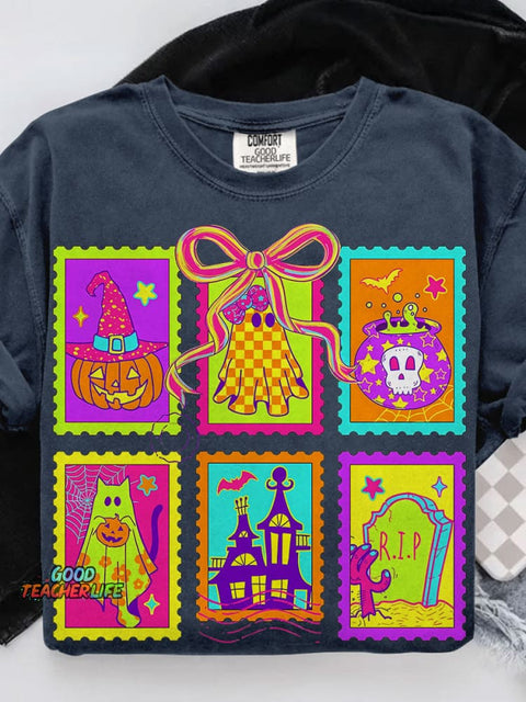Neon Halloween Cat Ghost Casual Print T-shirt