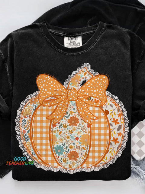 Preppy Floral Fall Pumpkin Casual Print T-shirt