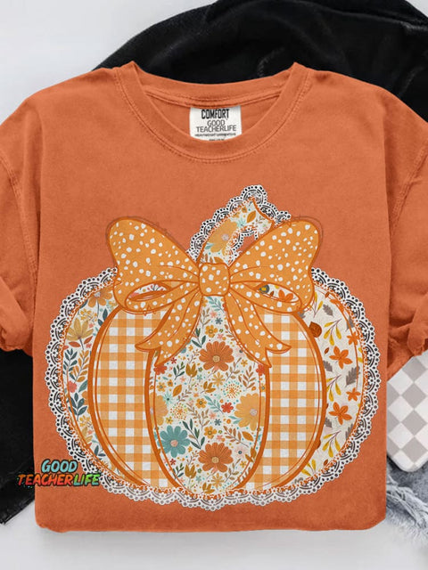 Preppy Floral Fall Pumpkin Casual Print T-shirt