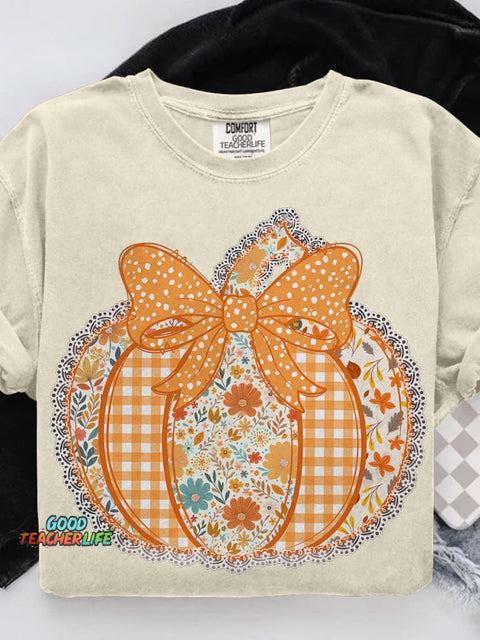 Preppy Floral Fall Pumpkin Casual Print T-shirt