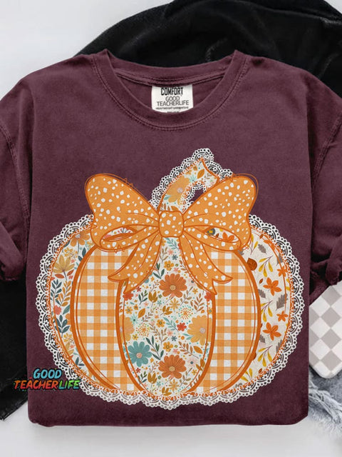 Preppy Floral Fall Pumpkin Casual Print T-shirt