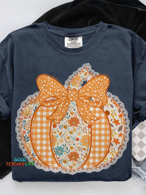 Preppy Floral Fall Pumpkin Casual Print T-shirt