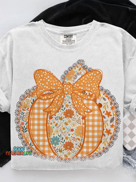 Preppy Floral Fall Pumpkin Casual Print T-shirt