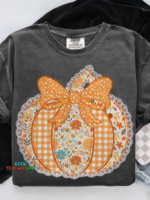 Preppy Floral Fall Pumpkin Casual Print T-shirt