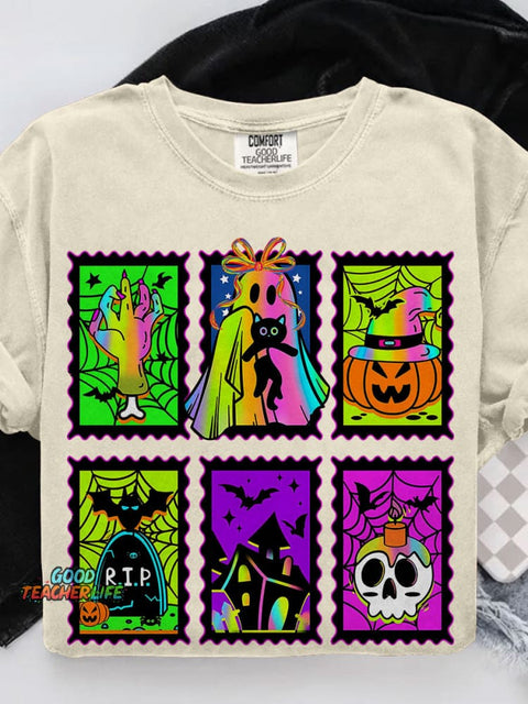 Neon Halloween Retro Spooky Season Boo Ghost Coquette Casual Print T-shirt