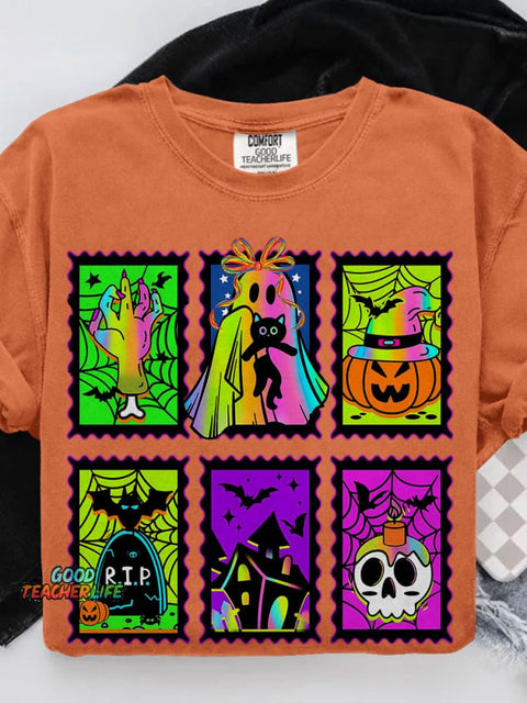 Neon Halloween Retro Spooky Season Boo Ghost Coquette Casual Print T-shirt