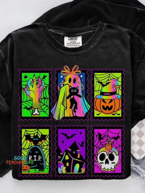Neon Halloween Retro Spooky Season Boo Ghost Coquette Casual Print T-shirt