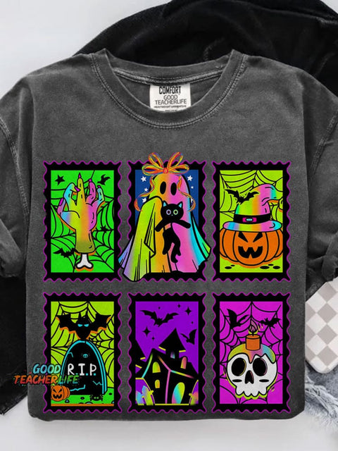 Neon Halloween Retro Spooky Season Boo Ghost Coquette Casual Print T-shirt