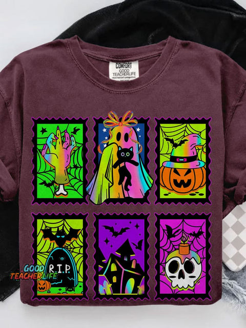 Neon Halloween Retro Spooky Season Boo Ghost Coquette Casual Print T-shirt