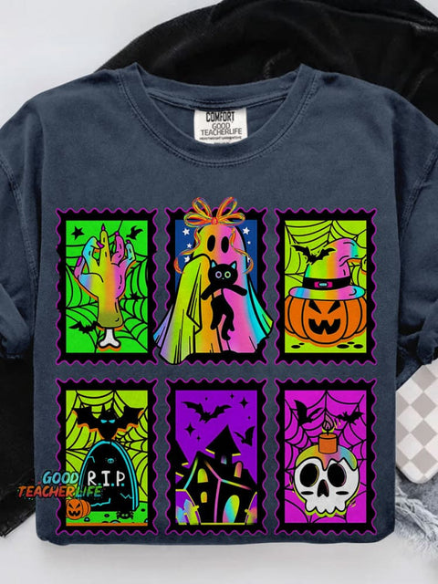 Neon Halloween Retro Spooky Season Boo Ghost Coquette Casual Print T-shirt
