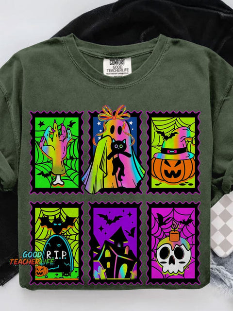 Neon Halloween Retro Spooky Season Boo Ghost Coquette Casual Print T-shirt