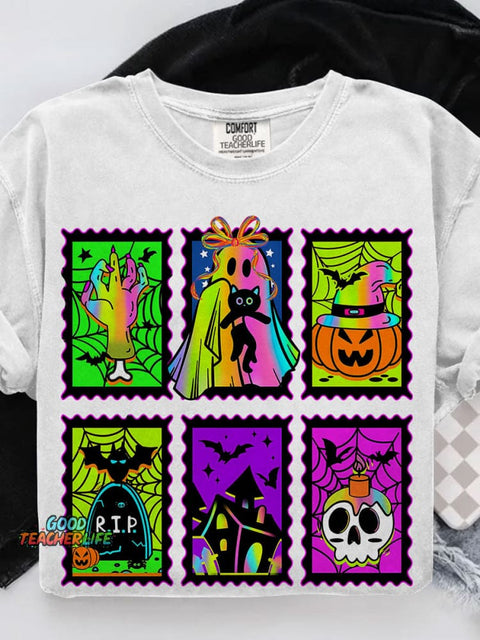 Neon Halloween Retro Spooky Season Boo Ghost Coquette Casual Print T-shirt