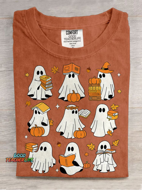 Ghost Books Halloween Cute Ghost Book Nerd Ghost Halloween Reading Halloween Teacher Librarian Spooky Season Casual Print T-shirt