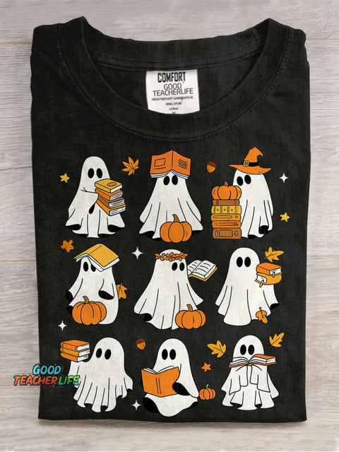 Ghost Books Halloween Cute Ghost Book Nerd Ghost Halloween Reading Halloween Teacher Librarian Spooky Season Casual Print T-shirt