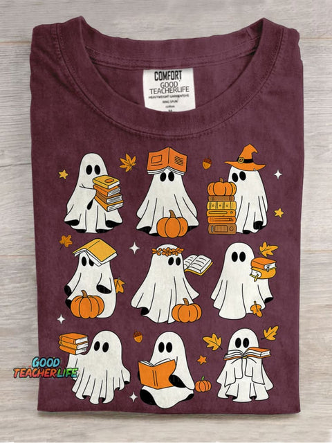 Ghost Books Halloween Cute Ghost Book Nerd Ghost Halloween Reading Halloween Teacher Librarian Spooky Season Casual Print T-shirt