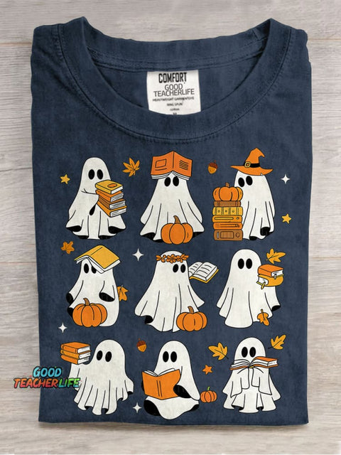 Ghost Books Halloween Cute Ghost Book Nerd Ghost Halloween Reading Halloween Teacher Librarian Spooky Season Casual Print T-shirt