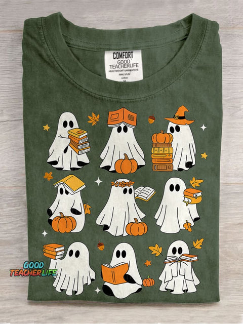 Ghost Books Halloween Cute Ghost Book Nerd Ghost Halloween Reading Halloween Teacher Librarian Spooky Season Casual Print T-shirt