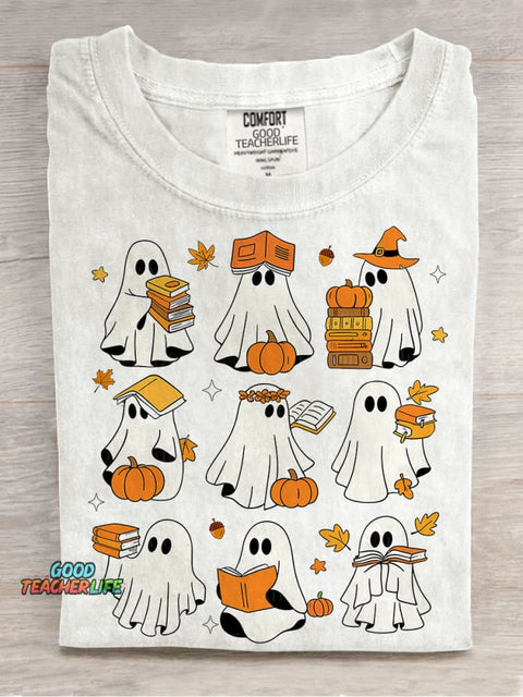 Ghost Books Halloween Cute Ghost Book Nerd Ghost Halloween Reading Halloween Teacher Librarian Spooky Season Casual Print T-shirt