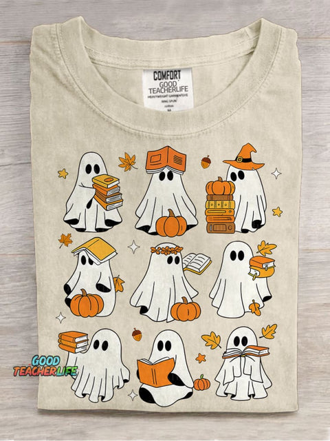 Ghost Books Halloween Cute Ghost Book Nerd Ghost Halloween Reading Halloween Teacher Librarian Spooky Season Casual Print T-shirt