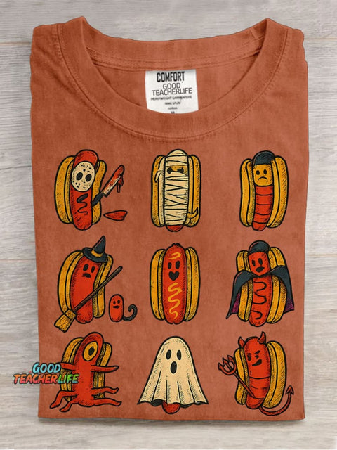 Halloween Hot Dog Characters Casual Print T-shirt