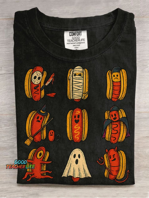 Halloween Hot Dog Characters Casual Print T-shirt