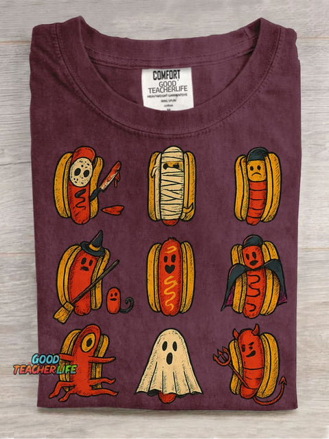 Halloween Hot Dog Characters Casual Print T-shirt