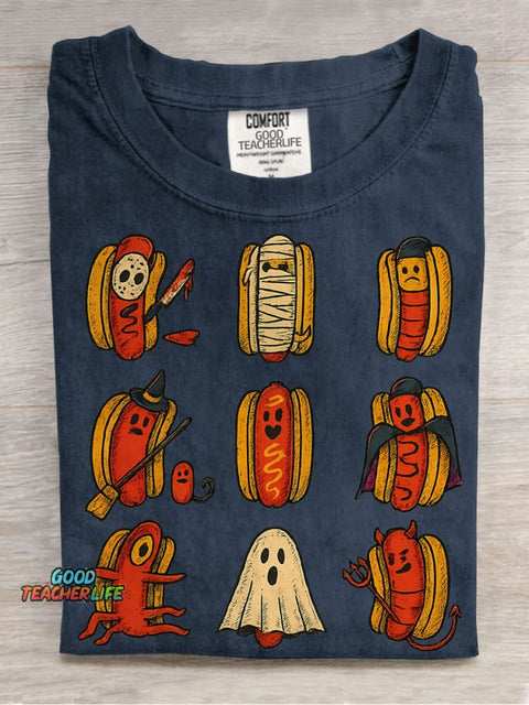 Halloween Hot Dog Characters Casual Print T-shirt