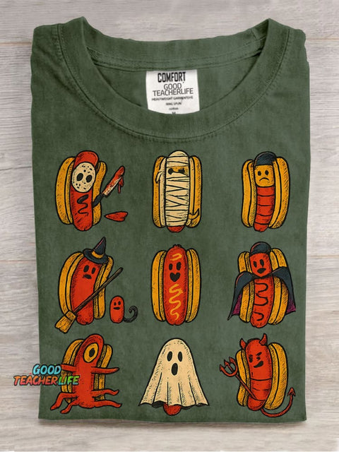 Halloween Hot Dog Characters Casual Print T-shirt