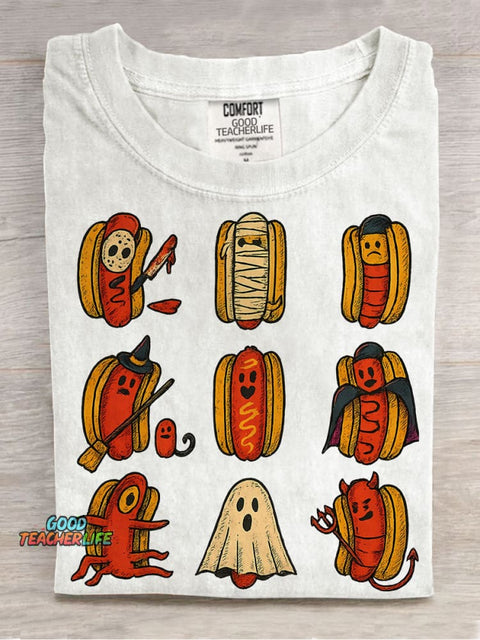 Halloween Hot Dog Characters Casual Print T-shirt