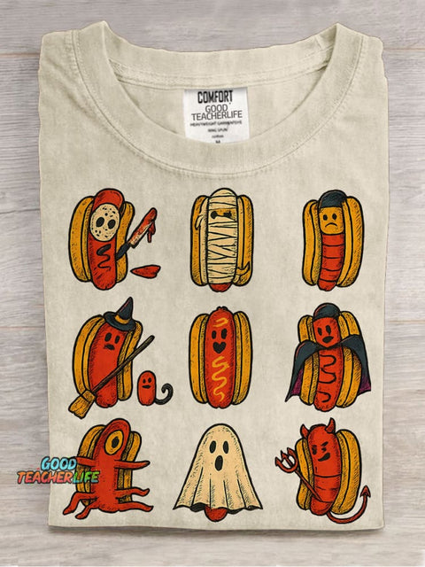 Halloween Hot Dog Characters Casual Print T-shirt