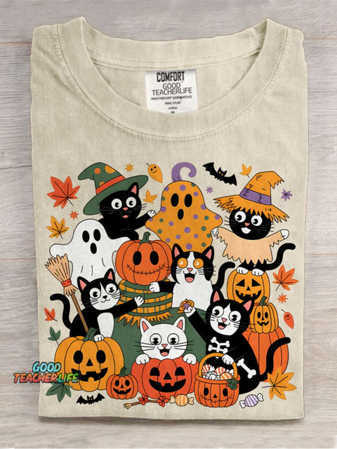Black Cat Halloween Casual Print T-shirt