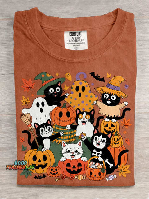 Black Cat Halloween Casual Print T-shirt