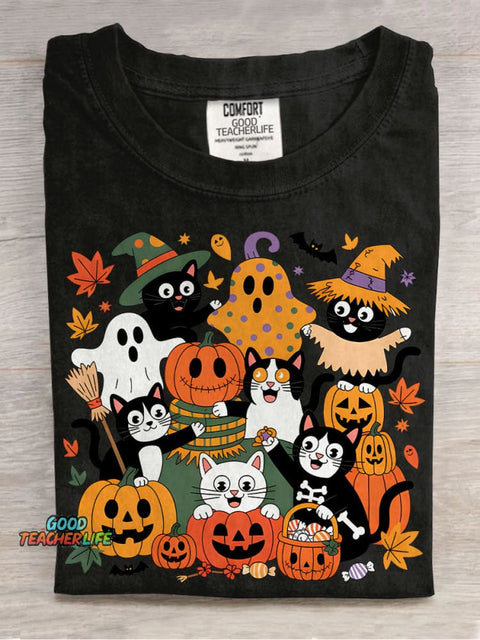 Black Cat Halloween Casual Print T-shirt