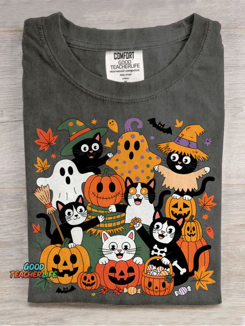 Black Cat Halloween Casual Print T-shirt