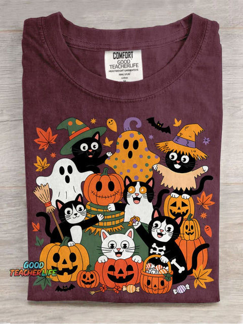 Black Cat Halloween Casual Print T-shirt