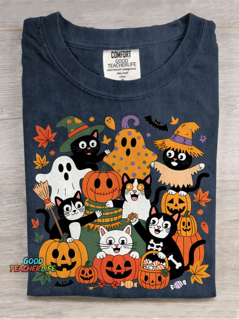 Black Cat Halloween Casual Print T-shirt
