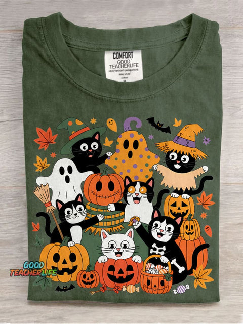 Black Cat Halloween Casual Print T-shirt