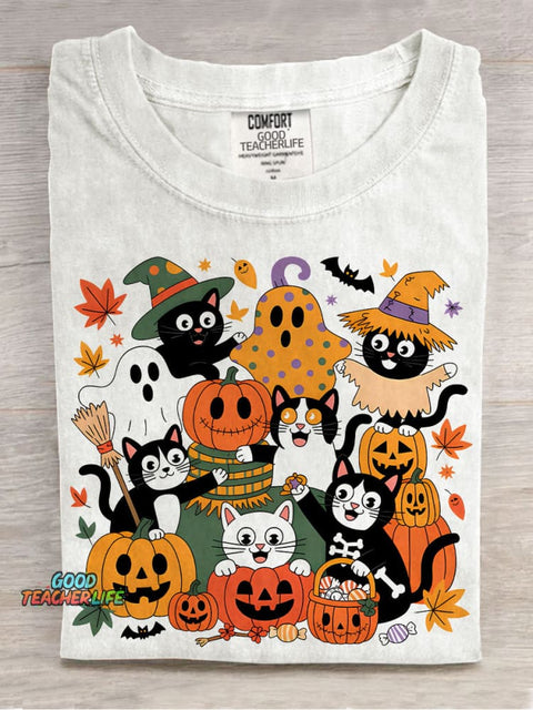 Black Cat Halloween Casual Print T-shirt