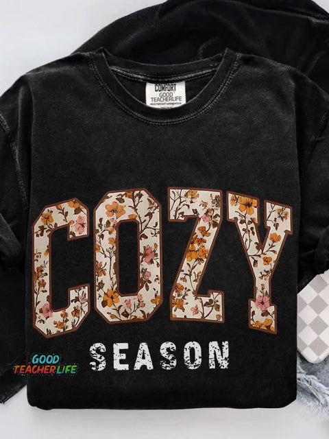 Cozy Season Thanksgiving Casual Print T-shirt