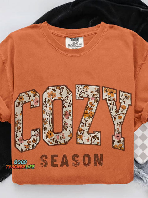 Cozy Season Thanksgiving Casual Print T-shirt
