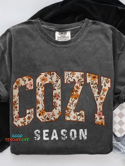Cozy Season Thanksgiving Casual Print T-shirt