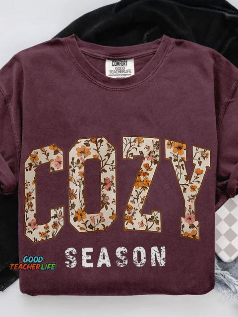 Cozy Season Thanksgiving Casual Print T-shirt