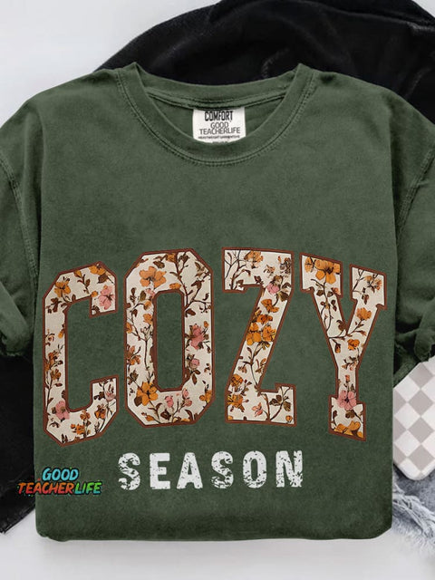 Cozy Season Thanksgiving Casual Print T-shirt