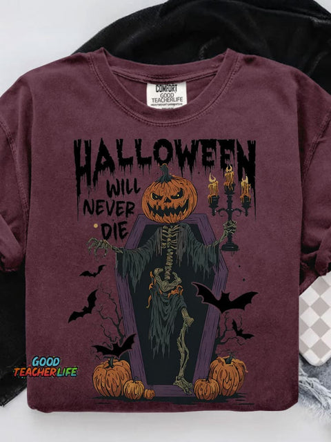 Halloween Will Never Die Halloween Pumpkin Casual Print T-shirt
