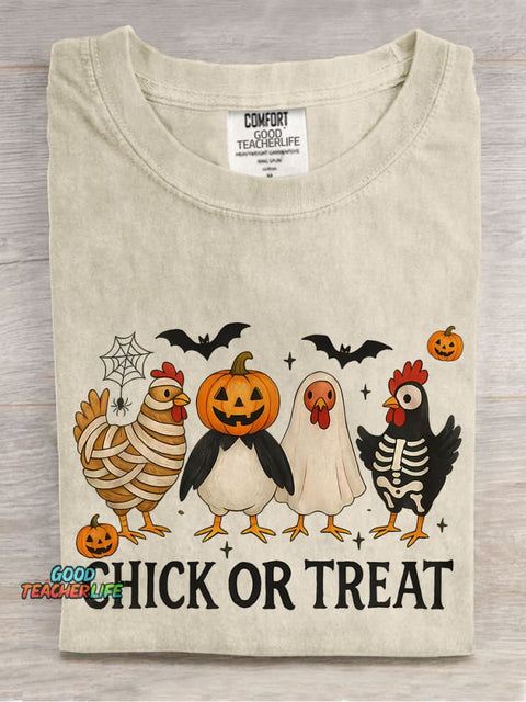 Chick Or Treat Spooky Chicken Halloween Casual Print T-shirt