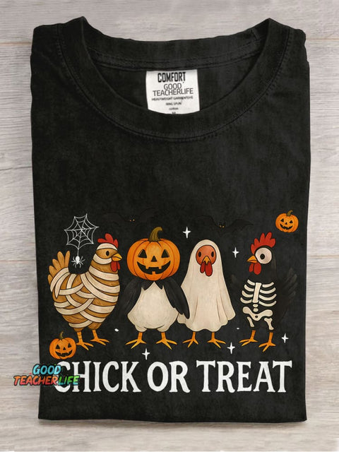 Chick Or Treat Spooky Chicken Halloween Casual Print T-shirt