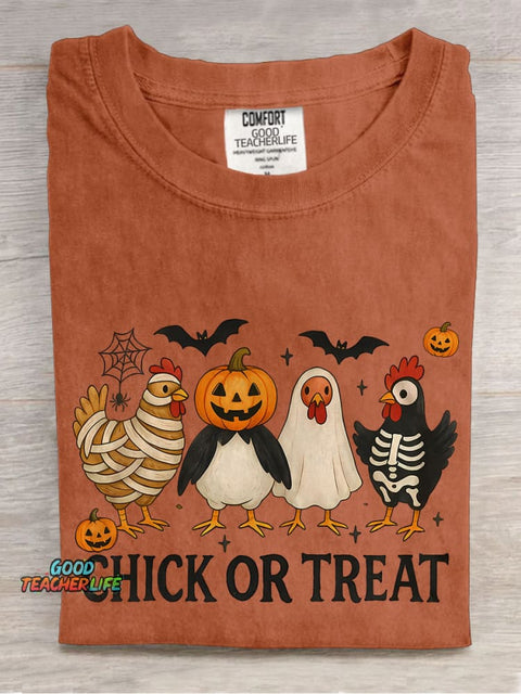 Chick Or Treat Spooky Chicken Halloween Casual Print T-shirt
